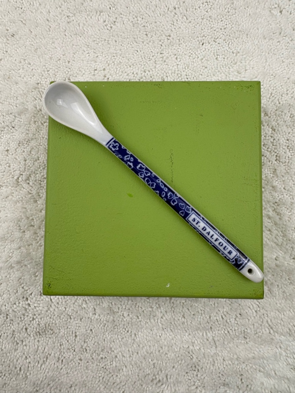 White St. Dalfour Porcelain Spoon with a Blue Floral Pattern on the Handle